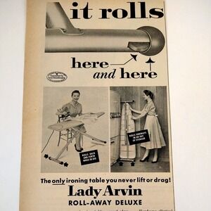 1958 Lady Arvin Roll-Away‎ Ironing Board Vtg Print Ad Happy Housewife Laundry